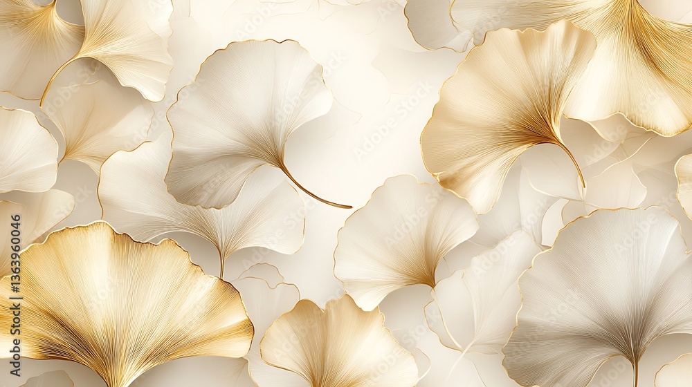 Poster elegant ginkgo leaf pattern in beige and gold, elegant abstract pattern of ginkgo leaves in soft bei