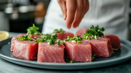 Freshly prepared tuna steak garnished with herbs in a kitchen