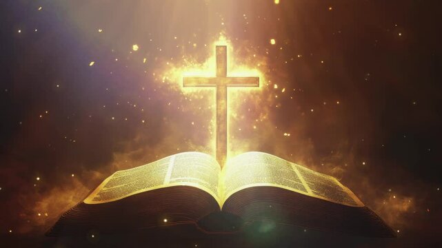 Open bible and cross with light, Cristian religion concept 