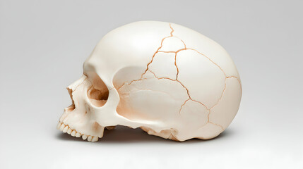 Human Skull Profile, Off-White Bone Model Against Gray Background