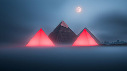 Illuminated Pyramids at Night in Mist