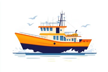 Naklejka premium Orange Fishing Boat Sailing Illustration with Blue Water and Seagulls