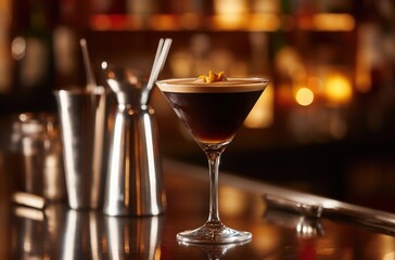 Elegant Espresso Martini on Bar Counter Surrounded by Bar Tools and Soft Ambient Lighting for a Cozy Night Out Experience
