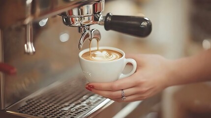 Espresso pouring into latte art cup.