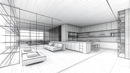 Wireframe rendering of modern open-plan apartment interior design.