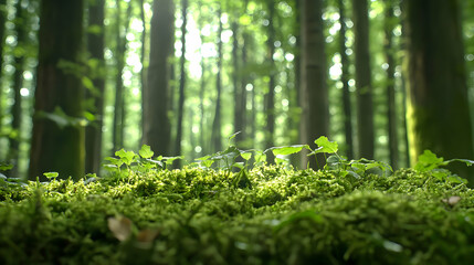 Fototapeta premium Lush Green Moss And Forest Trees With Sunlight Filtering Through Canopy