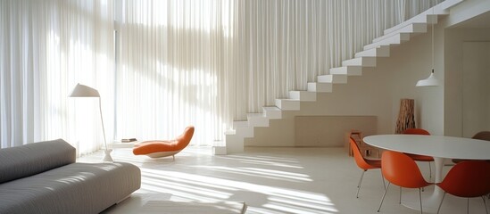 Modern minimalist living room with floating staircase, orange chairs, and large windows.