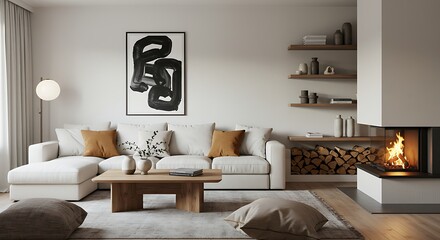 White corner sofa near fireplace. Scandinavian home interior design of modern living room.
