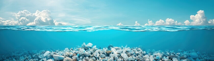 serene ocean scene with clear blue sky, calm water, and rocky seabed visible beneath surface