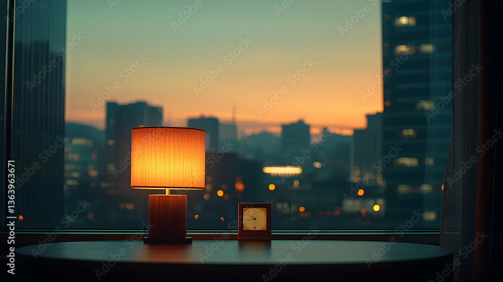 Aufkleber illuminated table lamp and clock displayed near a window with a city sunset skyline background