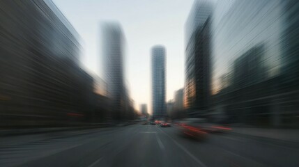 Obraz premium A blurred street view of tall buildings and passing vehicles