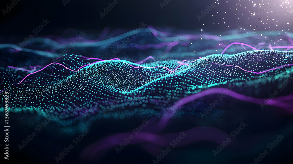 Poster abstract digital particle waveform over dark background with glowing dots in blue purple colors