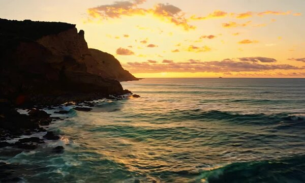 sunset over calm sea with rocky volcanic cliff. Abstract nature summer ocean sea background. Small waves on golden warm water surface with bokeh lights from sun. Slow motion