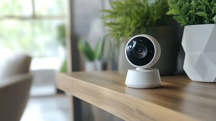 Modern ip security camera displayed on a wooden shelf in cozy setting