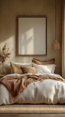 Cozy Bedroom: A sunlit bedroom, elegantly furnished with a comfortable bed, decorative pillows, and a minimalist frame, exuding warmth and a sense of peaceful retreat.