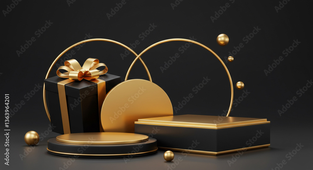 Poster A luxurious black and gold gift presentation, elegantly displayed on circular and rectangular platforms, accented with floating golden spheres, creating a sophisticated and festive mood.