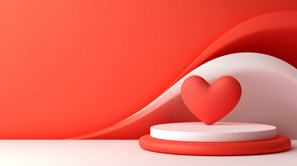 Red Heart on White Podium with Red and White Abstract Background