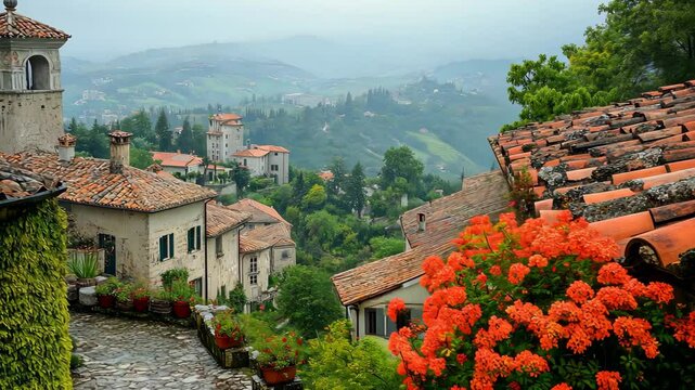 Nestled among rolling hills, this charming village showcases historic architecture and colorful flowers while the mist adds a magical touch to the stunning views of nature and buildings.