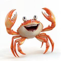 Smiling 3D Cartoon Crab Waving Its Claws Isolated on White Background
