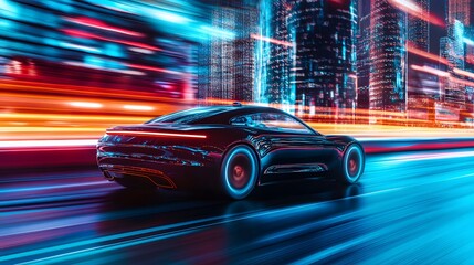 Self-driving car navigating smart city urban environment futuristic view