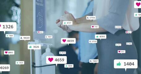 Using hand sanitizer, people with social media like and heart icons animation - Powered by Adobe