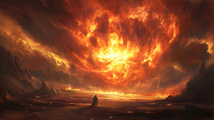 A dramatic scene of a demon unleashing a storm of fire and brimstone from a desolate wasteland.