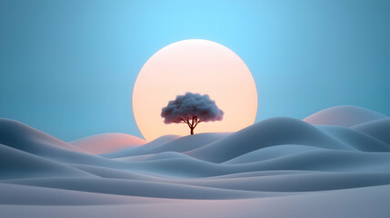 Serene Minimalist Landscape with Single Tree and Pastel Sun