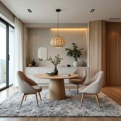 A modern dining room with elegant furniture and natural decor.