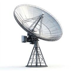 A giant satellite dish reaching for the stars, a silent listener to cosmic whispers, against a stark white backdrop.