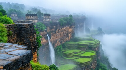 Scenic View Of Waterfall Flowing Down Rocky Cliff On Misty Day