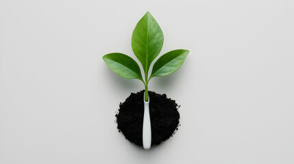 Small Green Plant Sprout Growing in Dark Soil on White Background