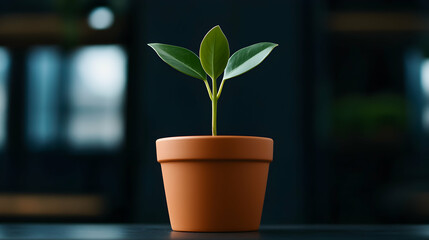 Small Green Plant Sprouting in Terracotta Pot on Dark Background