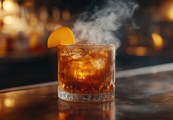 Elegant whiskey cocktail with ice and orange garnish, steam rising, perfect for bar menus and drink recipes in nightlife ambiance