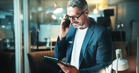 Night, phone call and man on tablet for contact, post negotiation or online research communication. Overtime, mature agent or content strategy for digital marketing trends or social media growth