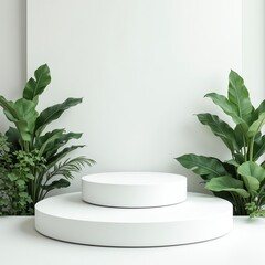 Minimalist stage design with greenery for showcasing products.