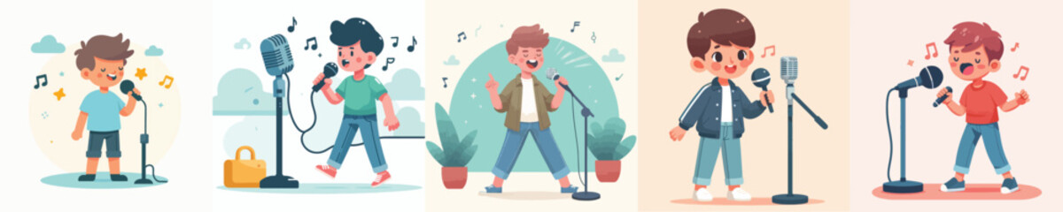 vector of boy singing with microphone