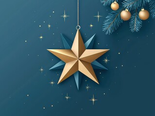 Golden and blue Christmas star ornament with glowing edges, hanging string, surrounded by festive pine branches and golden