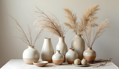 Warm and Simple Composition Featuring Ceramic Vases and Dried Botanical Elements