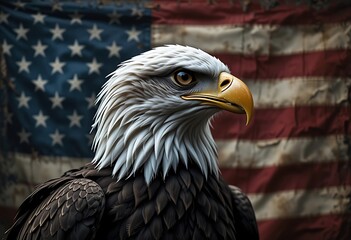 Obraz premium Close up portrait of bald eagle with american flag in the background looking to the right side