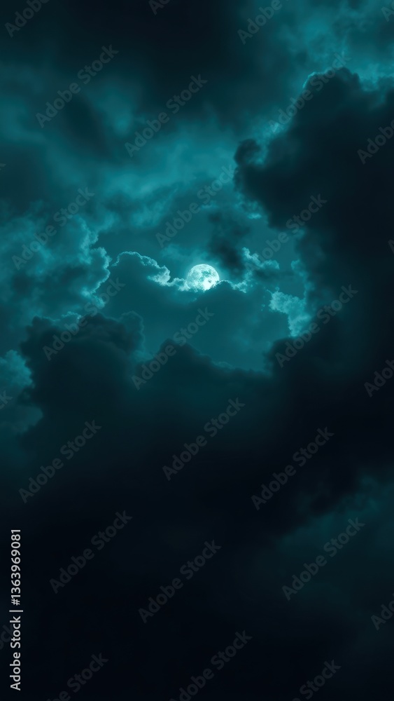 Aufkleber heavy gloomy dull thunderclouds. dark teal dramatic night sky. storm. toned cloudy sky background wi