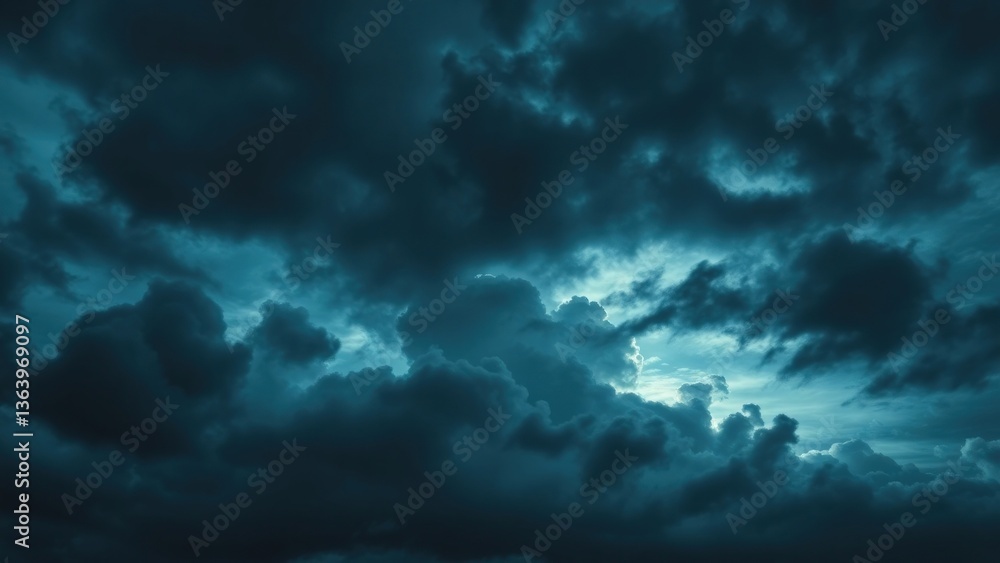 Aufkleber heavy gloomy dull thunderclouds. dark teal dramatic night sky. storm. toned cloudy sky background wi
