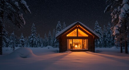 Cozy Illuminated Wooden Cabin in Snowy Forest at Night Under Starlit Sky