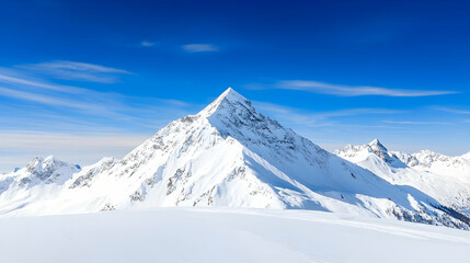 Snowy Mountain Peak under Clear Blue Sky with Bright Sunlight in Alpine Region