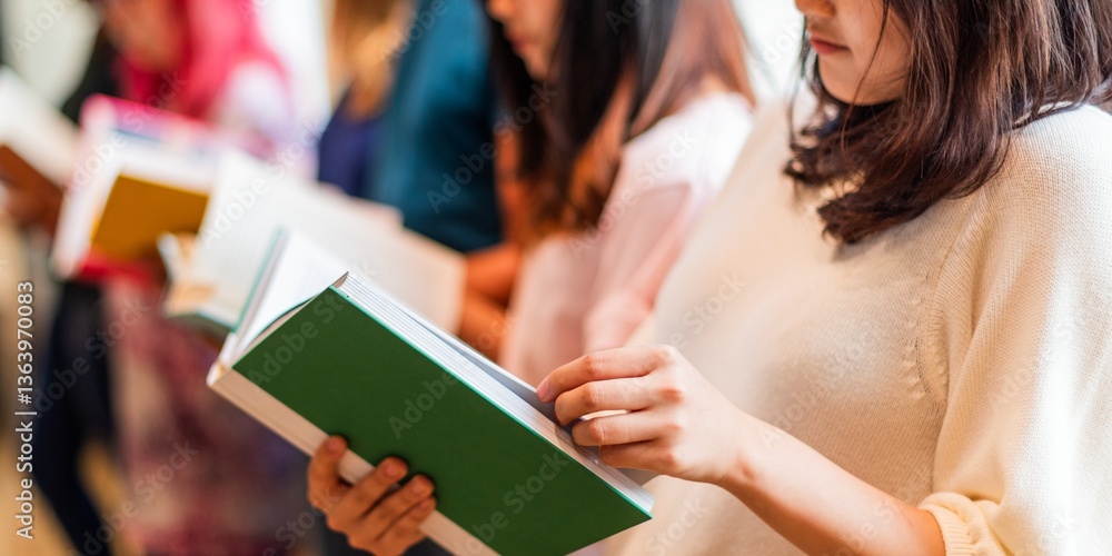 Poster group of people reading books. focus on diverse individuals holding books. reading in a group settin