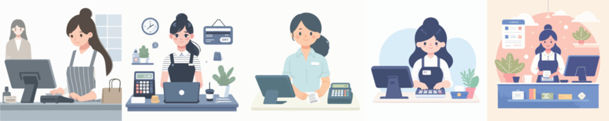 collection of vector women guarding the cashier
