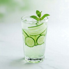 A chilled cucumber mint cooler in a sleek glass, with thin cucumber slices floating inside, a sprig of mint on top,