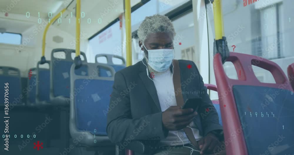 Poster Using smartphone on bus, man with mask and headphones viewing animation data