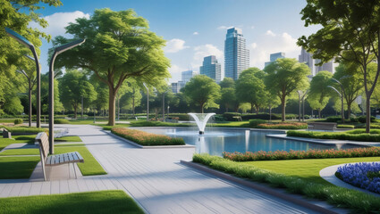 Concept of a Modern Urban Park with Greenery, Fountain, and Skyscraper Backdrop