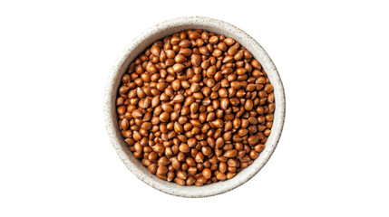 A close-up view of brown seeds in a round bowl on a plain background, showcasing texture and color for culinary use.
