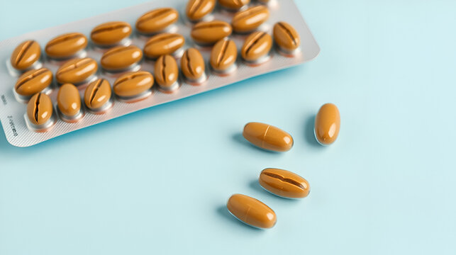 Blister pack of coffee bean shaped pills on a light blue background, implying a concept of energy or caffeine supplements